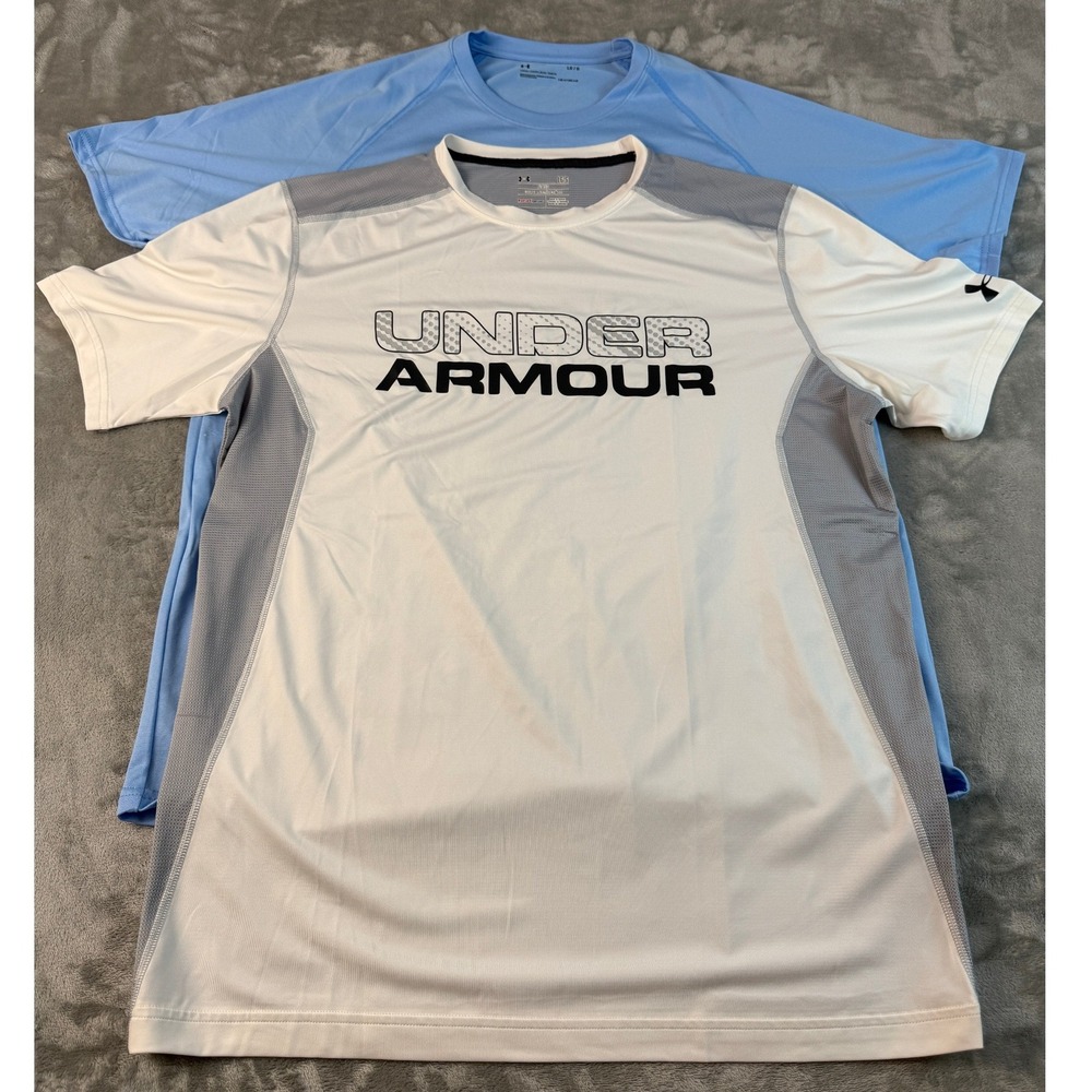 Under Armour HeatGear Mens Large T-Shirt 2 Pack Blue White Grey Athletic Gym Top